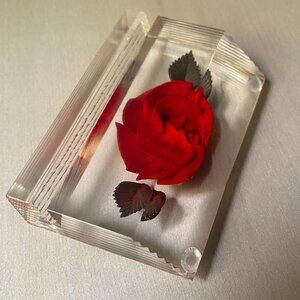 VTG clear lucite red rose inlay decorative business card holder MCM romantic
